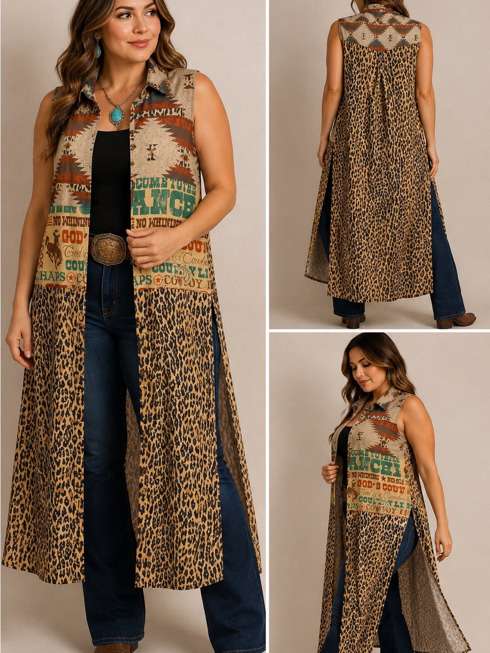 Fashion Express XL Western Cowgirl Leopard Print Sleeveless Long Duster Vest